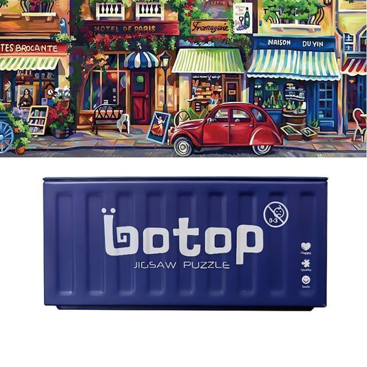 Botop mini puzzle in blue metal box with white logo and icons.