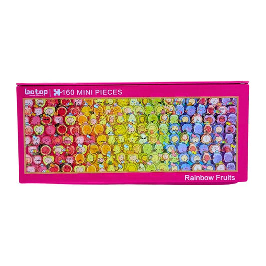 Botop mini puzzle in pink metal box with rainbow fruit characters on label.
