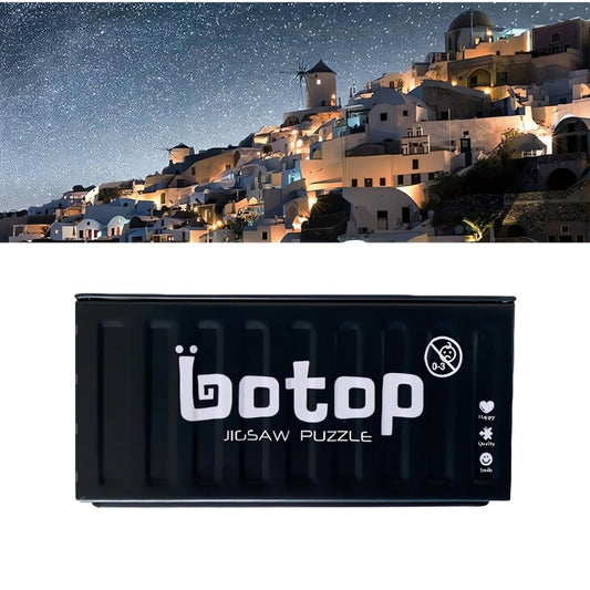 Botop mini puzzle in sleek black metal box with white branding.