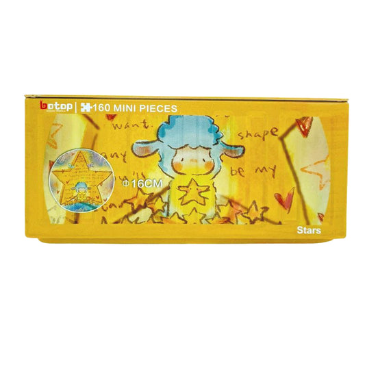 Botop mini puzzle in yellow metal container featuring a blue sheep holding a star on an orange background