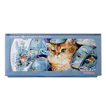 Front box image of Subway 160-piece mini puzzle showing a cat surrounded by blue fish.