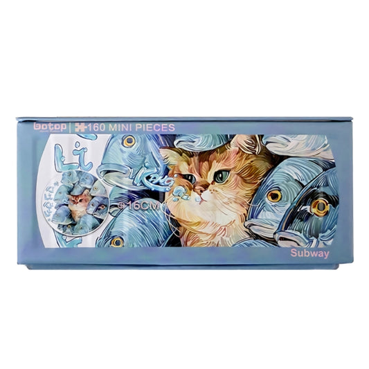 Front box image of Subway 160-piece mini puzzle showing a cat surrounded by blue fish.