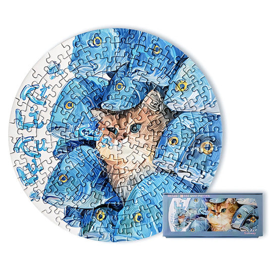 Completed round Subway puzzle with 160 mini pieces featuring a cat hidden among blue fish, with puzzle box shown.