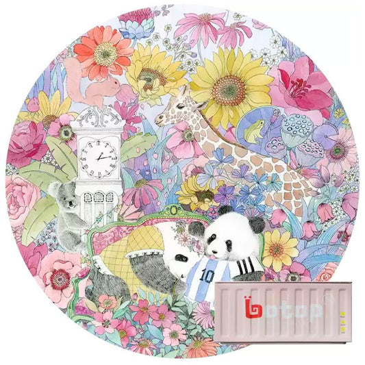 Sweet Panda puzzle in a round metal container featuring floral artwork and panda illustrations.