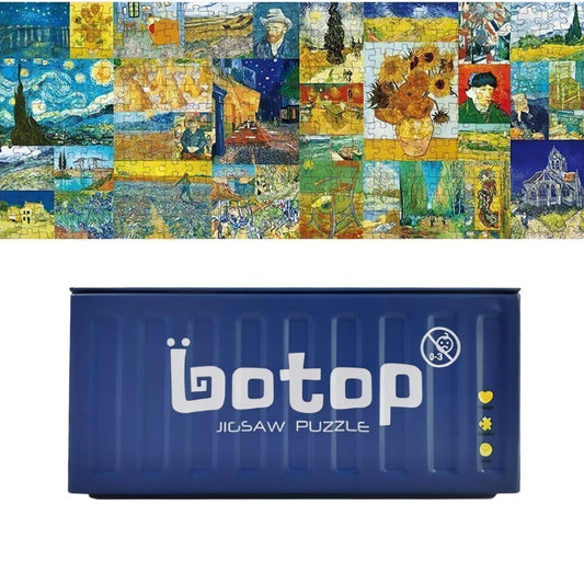 Botop mini puzzle stored in blue metal container with white branding.