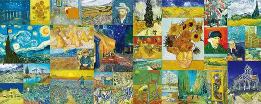 Van Gogh 38-in-1 mini jigsaw puzzle collage featuring famous paintings.