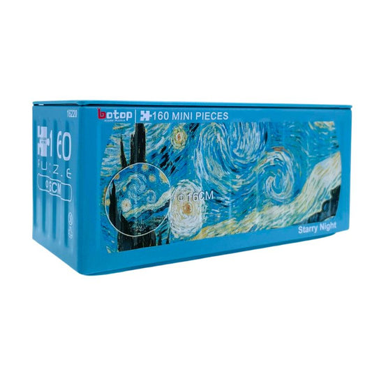 Botop mini puzzle tin showing Van Gogh’s Starry Night artwork on a blue metal container