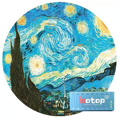 Circular puzzle of Van Gogh’s Starry Night with swirling stars and village, shown with blue tin container