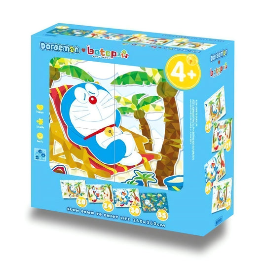 Doraemon Kids 4+ puzzle box showing Doraemon relaxing in a beach chair under palm trees.