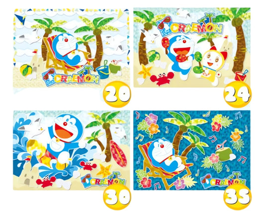Doraemon Kids 4+ puzzle box showing Doraemon relaxing in a beach chair under palm trees.