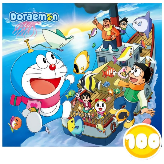 Doraemon and friends on a fishing boat surrounded by ocean animals, 100 piece kids puzzle