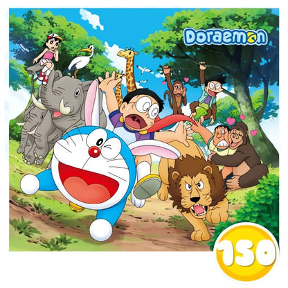 Doraemon and friends running with wild animals in a forest scene