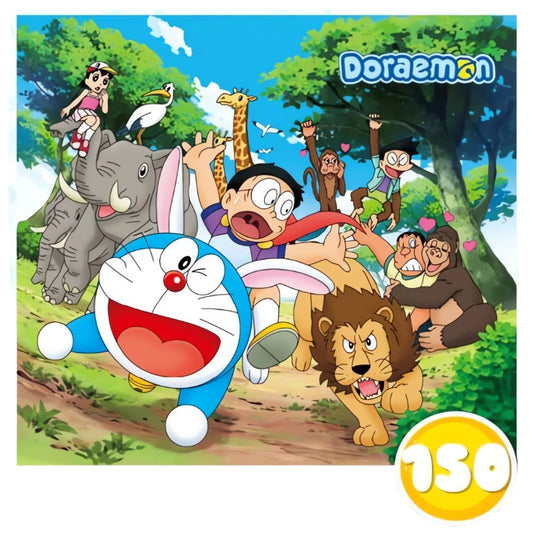 Doraemon and friends running with wild animals in a forest scene