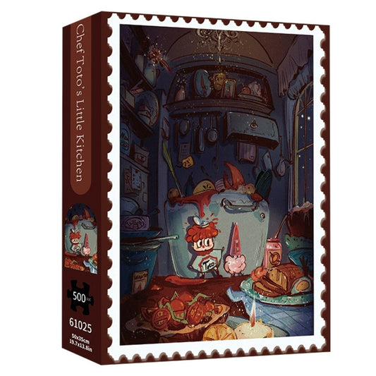 Chef Toto’s Little Kitchen 500-piece puzzle box featuring an enchanted midnight kitchen filled with food and fantasy