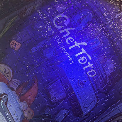 Close-up of puzzle under blacklight showing ‘Chef Toto’ logo glowing with glitter and hidden details