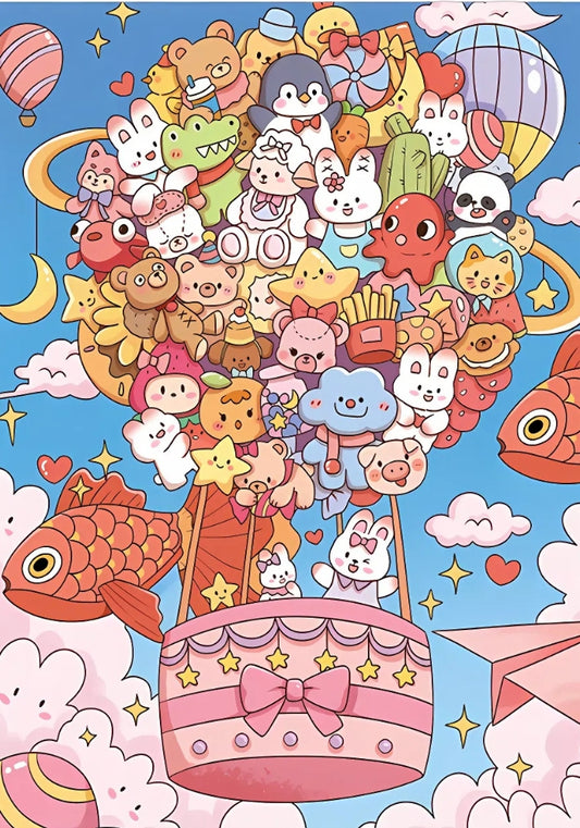 Full Doll Balloon artwork featuring bunnies, bears, and other whimsical creatures in a hot-air balloon made of toys.