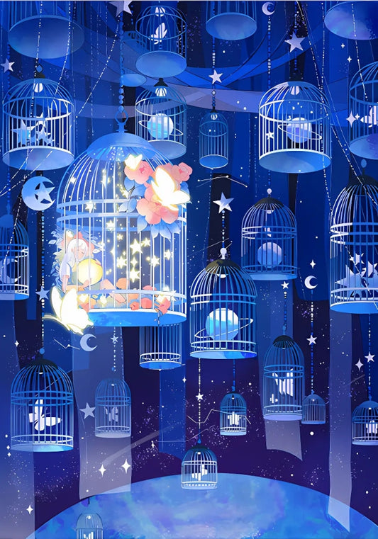 Detailed artwork of Dreaming in Cages puzzle featuring hanging cages and glowing butterflies