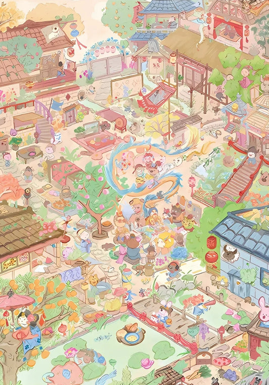 Finished puzzle of “Hustle and Bustle” showing a colourful, bustling village scene