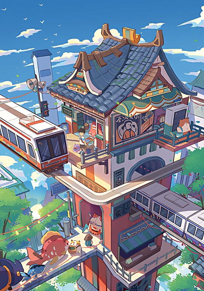 Full illustration of Journey in the Sky puzzle artwork with a sky station and trains.