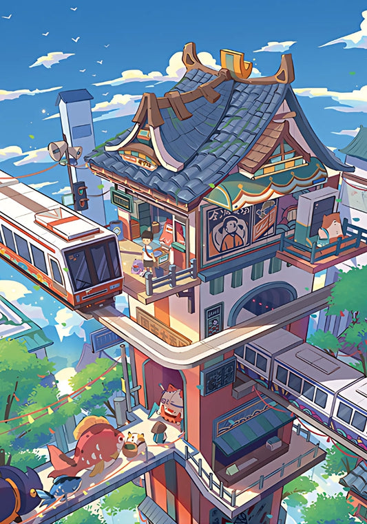 Full illustration of Journey in the Sky puzzle artwork with a sky station and trains.