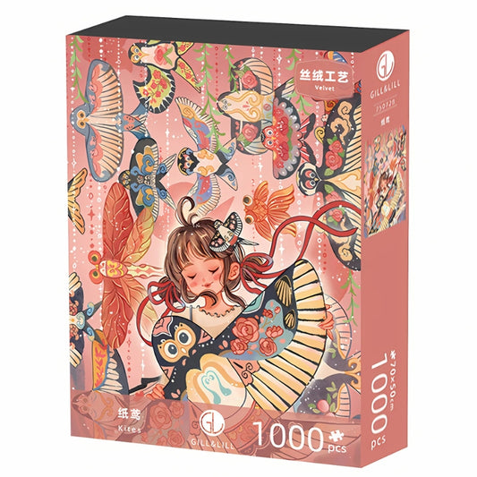 Box image of the 1000-piece Gill & Lill "Kites" puzzle with velvet finish.