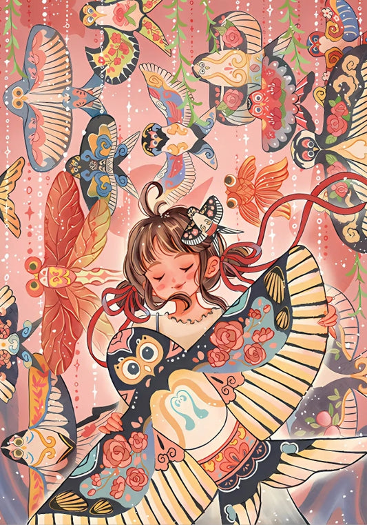 Full artwork of the "Kites" puzzle featuring a dreamy girl and colourful patterned kites.