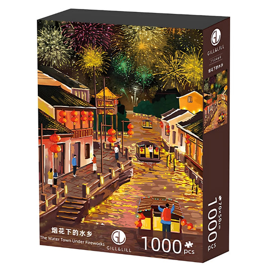 Box packaging of “The Water Town Under Fireworks” puzzle by Gill & Lill, featuring a riverside festival scene with fireworks
