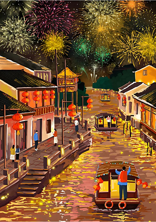 Detailed puzzle artwork showing night festival with colourful fireworks over a glowing canal in a water town.