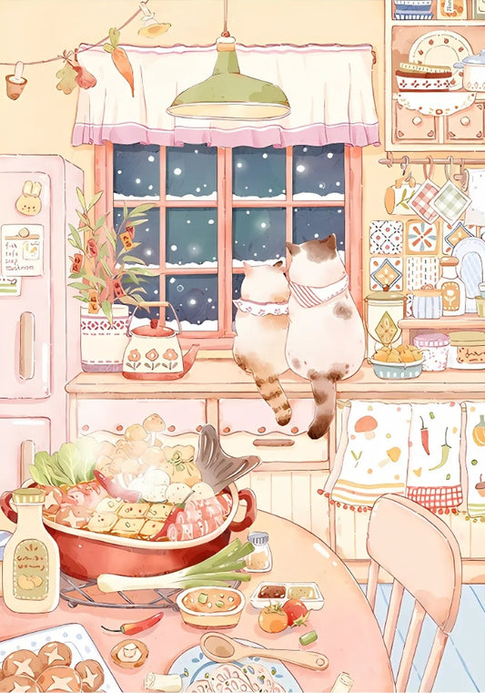 Illustration from Warm Company puzzle featuring two cats watching the snow through the kitchen window with food and hotpot on