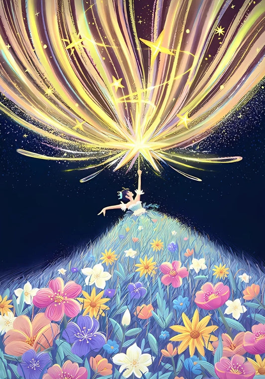Illustrated art of Be Your Own Light puzzle showing a radiant girl in a dress of wildflowers reaching towards bright light