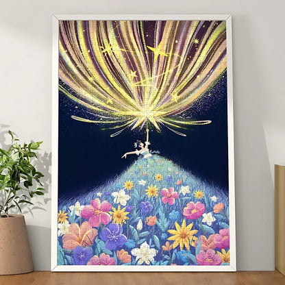 Framed Be Your Own Light puzzle completed, showing a girl standing on a flower hill under golden stars