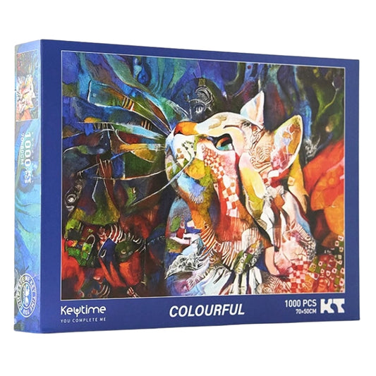 Colourful Keytime 1000 piece jigsaw puzzle box with vibrant abstract cat portrait artwork.