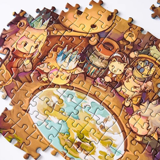 Close-up of Elves of Forest puzzle pieces showing elves gathered around glowing table with embossed texture.