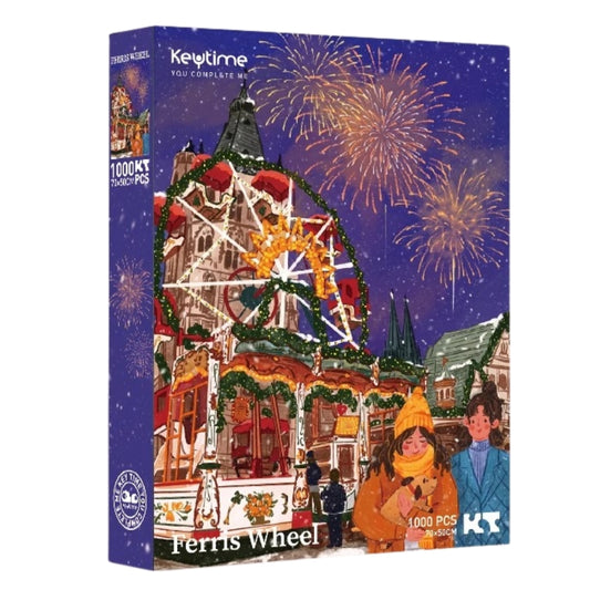 Ferris Wheel Keytime 1000 piece puzzle box with festive winter market scene and decorated Ferris wheel.