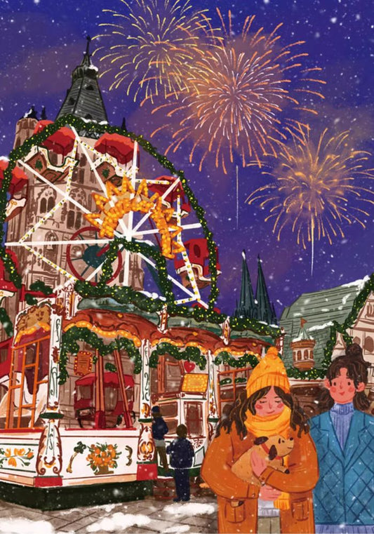 Illustrated Ferris Wheel puzzle artwork featuring Christmas market, fireworks, and people in winter clothing.