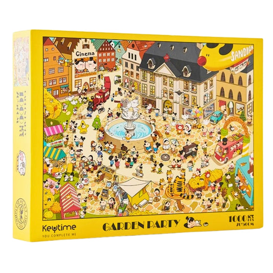 Keytime Garden Party 1000 piece jigsaw puzzle box featuring colourful illustrated town square with fountain, market stalls, and blimp.