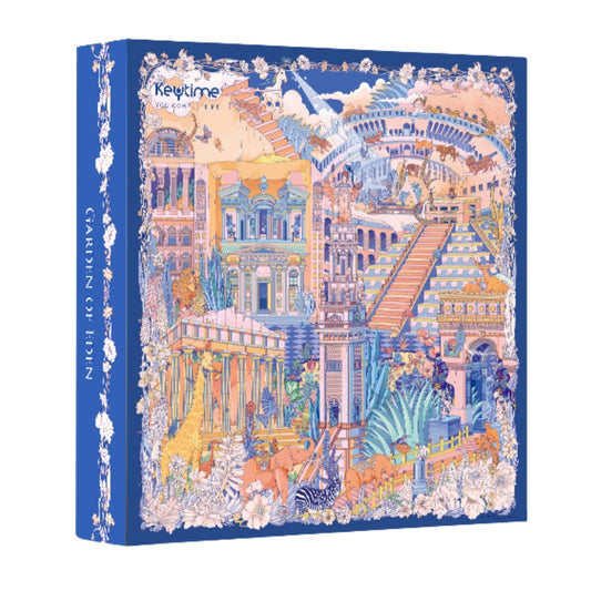 Garden of Eden Keytime 1000 piece puzzle box with pastel architectural and wildlife artwork.