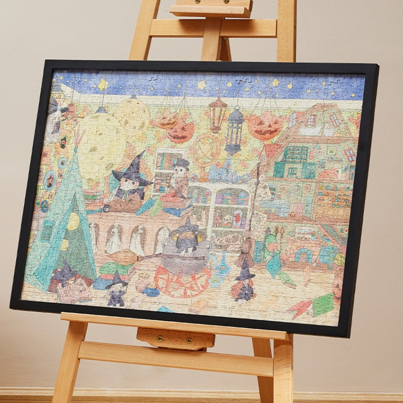 Completed Halloween Keytime 1000 piece puzzle framed on easel, showing magical workshop scene.