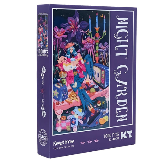 Keytime Night Garden 1000-piece puzzle box with vivid purple design and dreamy artwork.