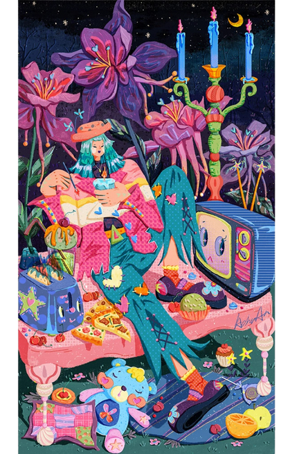 Full illustration of Night Garden puzzle art featuring surreal night flowers, quirky snacks, and a retro TV.