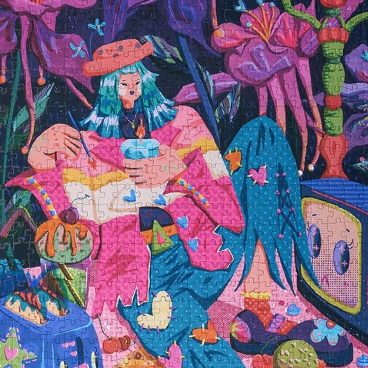 Close-up of Night Garden puzzle showing vibrant flowers, a character in pink and blue, and whimsical desserts.