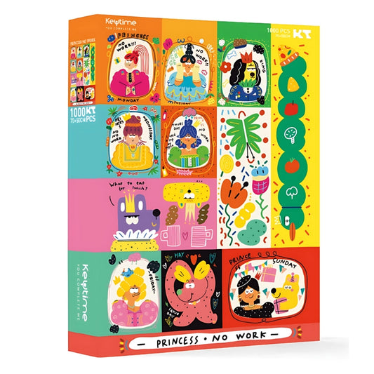 PRINCESS·NO WORK Keytime 1000 piece puzzle box with bright cartoon portraits for each day of the week.