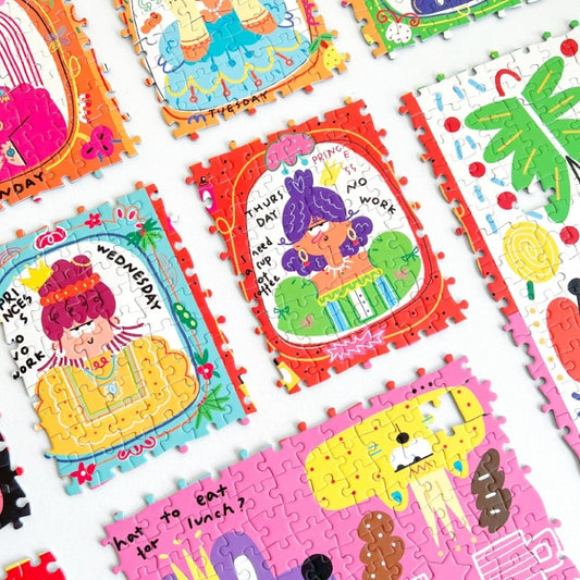 Partially assembled PRINCESS·NO WORK Keytime 1000 piece jigsaw puzzle showing colourful illustrated princess characters.