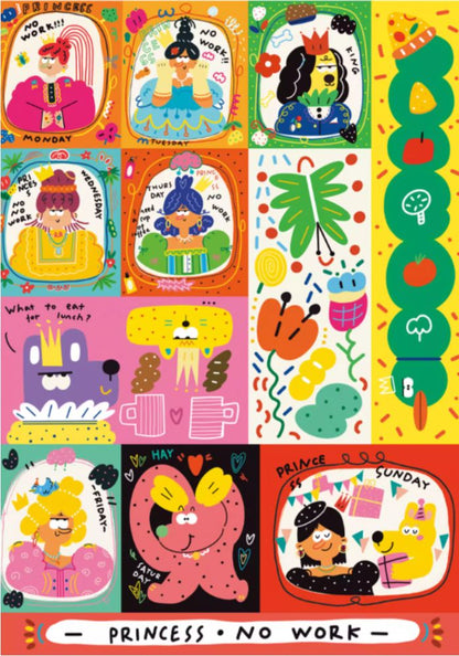 Complete PRINCESS·NO WORK puzzle artwork featuring whimsical princess and character illustrations in bold, vibrant colours.