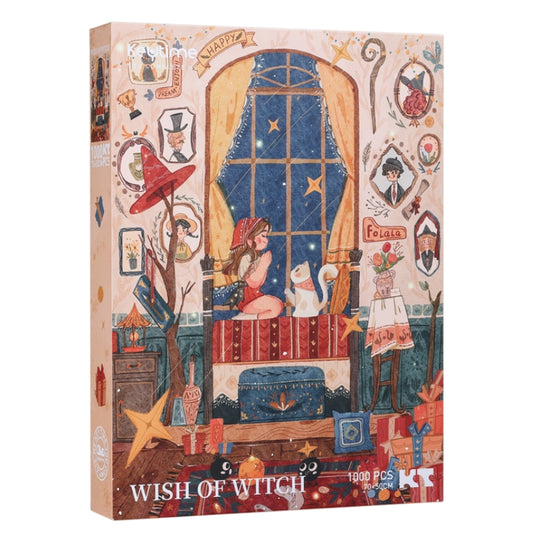  A 1000-piece Keytime jigsaw puzzle box titled "Wish of Witch," featuring an illustrated cozy bedroom scene. A young girl in a red dress and headscarf sits on a bed beside a white cat, gazing out a large arched window at a starry night sky. The room is decorated with stars, framed portraits, gifts, and whimsical magical items.