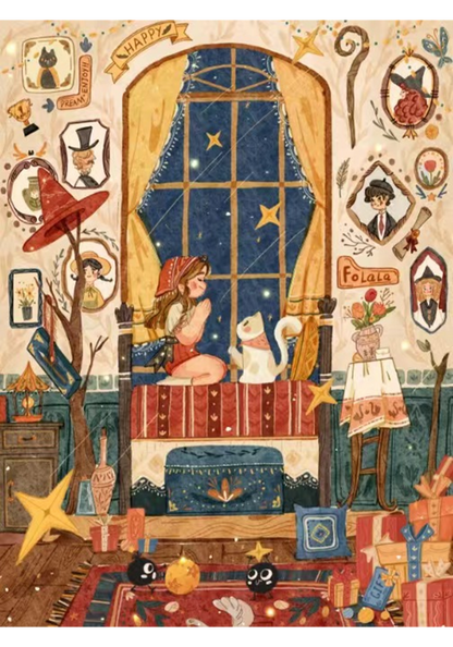 Full illustration of The Witch's Wish puzzle artwork, showing a warm-toned magical bedroom scene. A girl kneels on a bed, hands clasped, facing a white cat, with a star-filled night sky through a large window. The surrounding walls feature portraits, plants, a red witch hat on a stand, and floating golden stars.