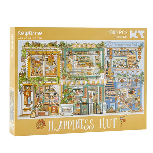 Happiness Hut 1000-piece Keytime puzzle box with colourful illustrated scene of vibrant neighbourhood.