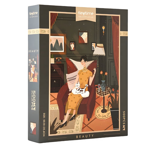 Keytime Beauty 500 piece jigsaw puzzle box featuring vintage artwork of a woman with a cat in a cosy living room.