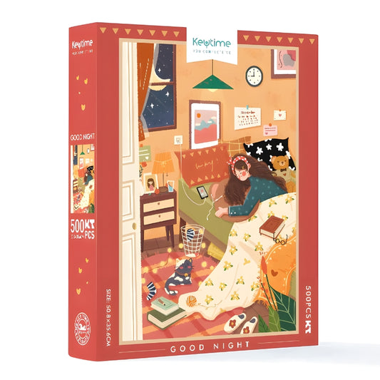 Keytime Good Night 500 piece jigsaw puzzle box featuring a cosy illustrated bedroom scene with a girl, cat, and glowing lights.