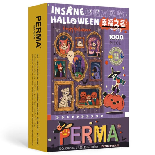 Front angled view of the “Feel The Spooky” PERMA 1000-piece Halloween jigsaw puzzle box with vibrant framed spooky characters.